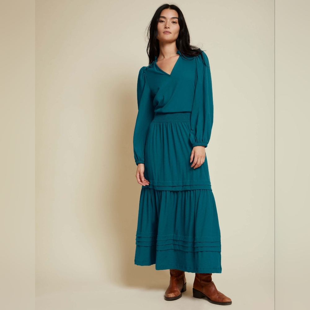 Nation‎ LTD Midi Dress Womens XS Teal Tiered Smocked Prairie Cottagecore V Neck